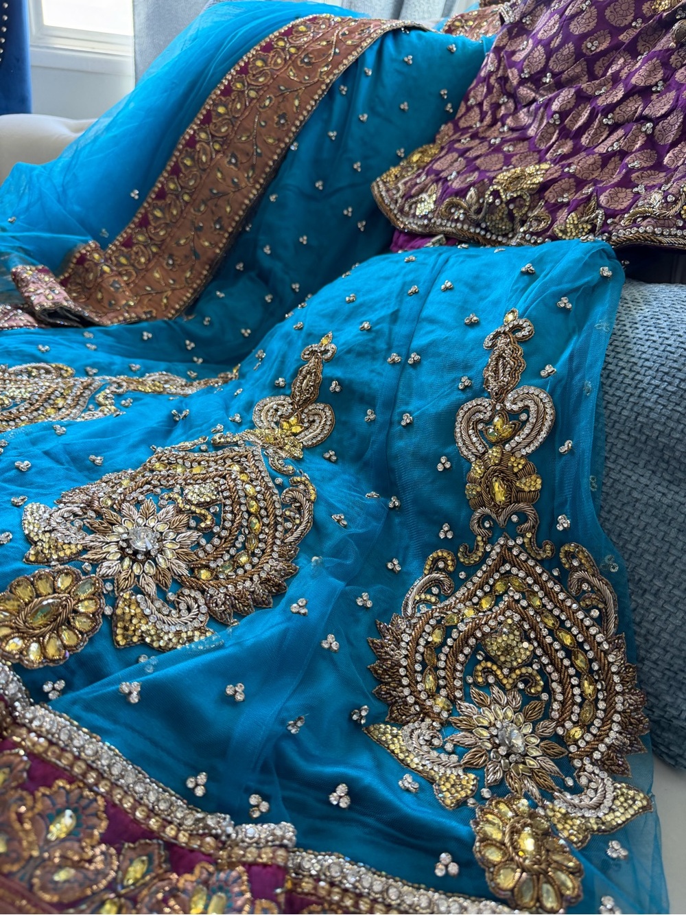 Hand beaded, hand embroidered Indian bridal dress thobe , evening gown blue